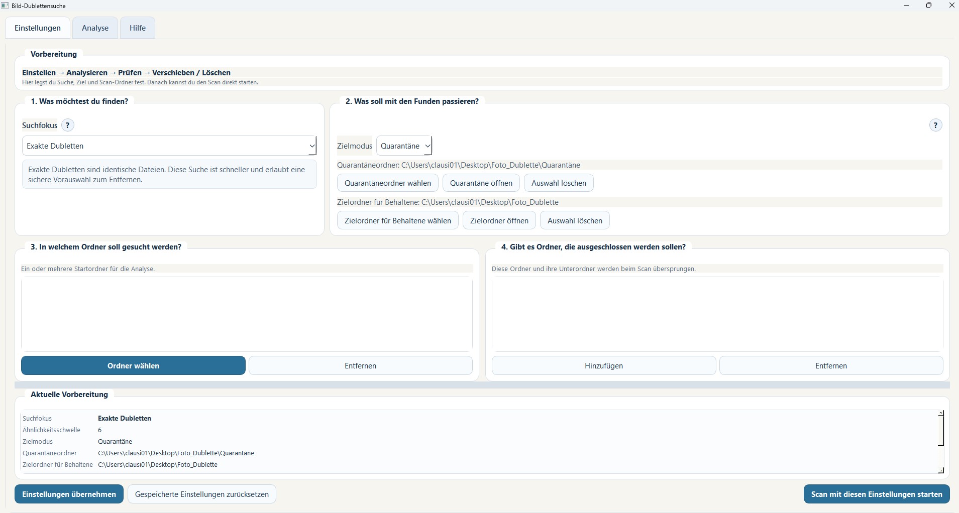 Screenshot der Seite Einstellungen in Bild-Dublettensuche