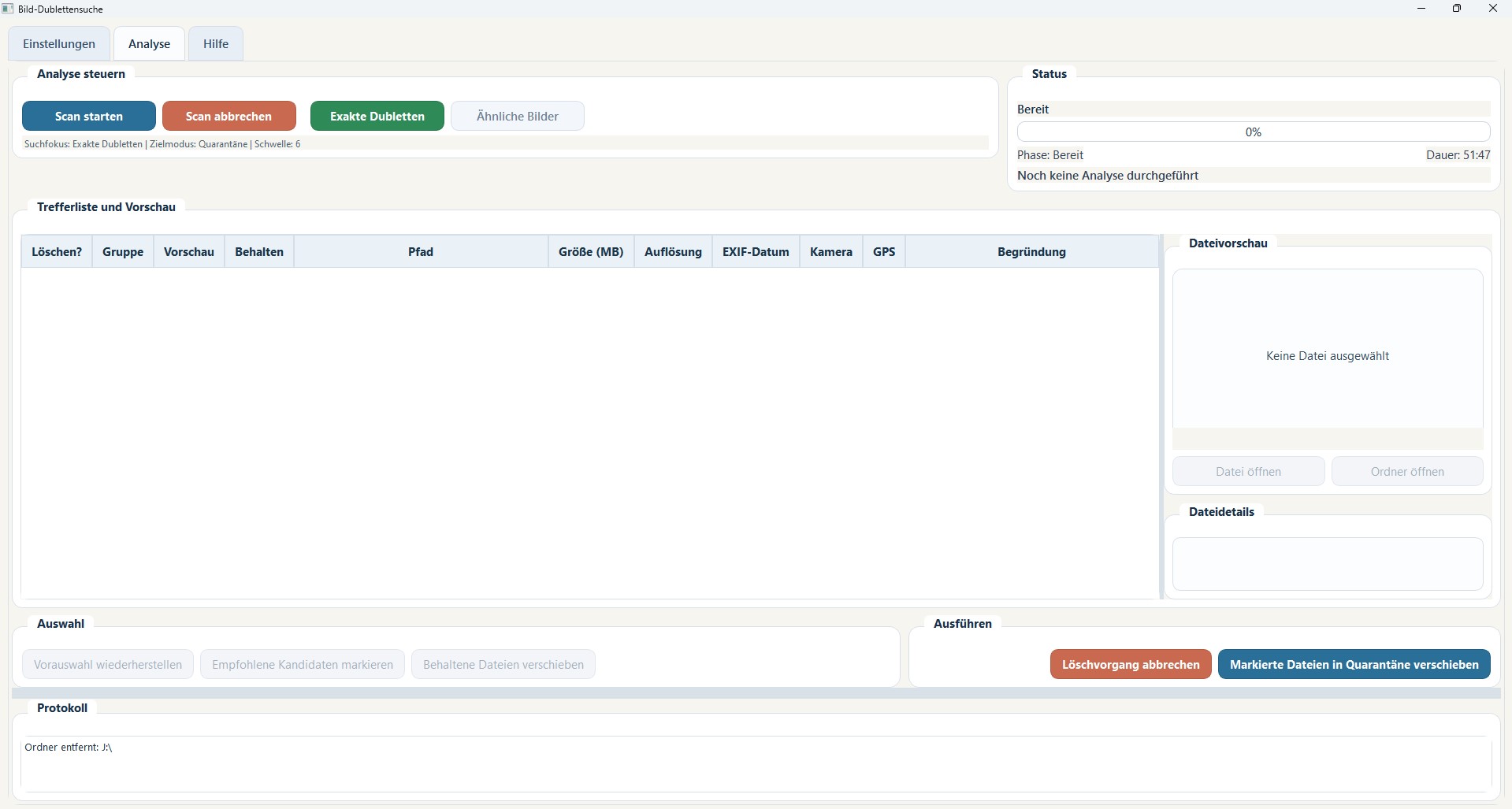 Screenshot der Seite Analyse in Bild-Dublettensuche